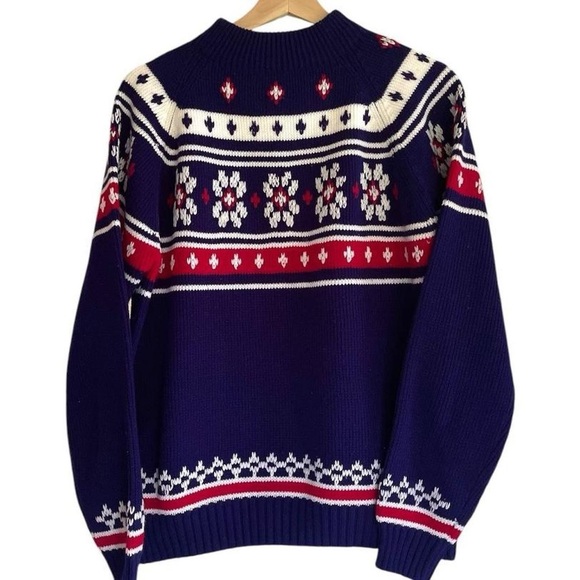 Vintage JC Penney Mock Neck Navy Blue Red White Snowflake Knit Sweater M - Picture 7 of 7